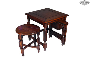 Carved solid mahogany coffee table with two stools ST-110