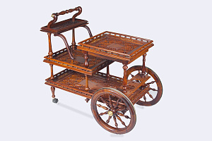 Carved serving table on wheels "Chariot" made of solid mahogany ST-115