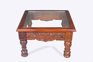 Square carved mahogany coffee table with glass top ST-106