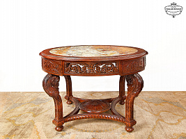 Carved round table made of solid mahogany with an onyx tabletop ST-126